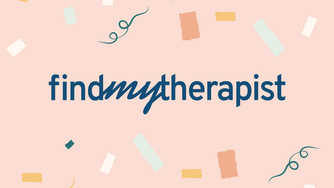 A photo with the logo "findmytherapist" with celebratory confetti-like graphics surrounding the logo.